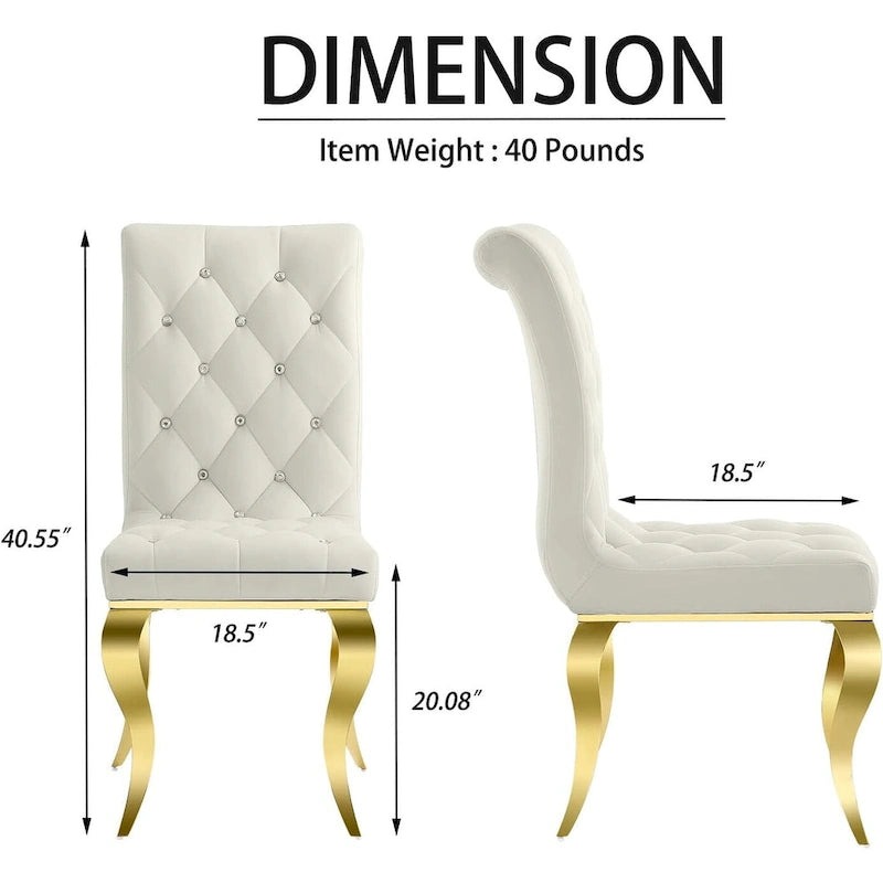 Chaises tapissées de velours avec dossier capitonné orné de cristaux et pieds cabriolets en métal miroir.