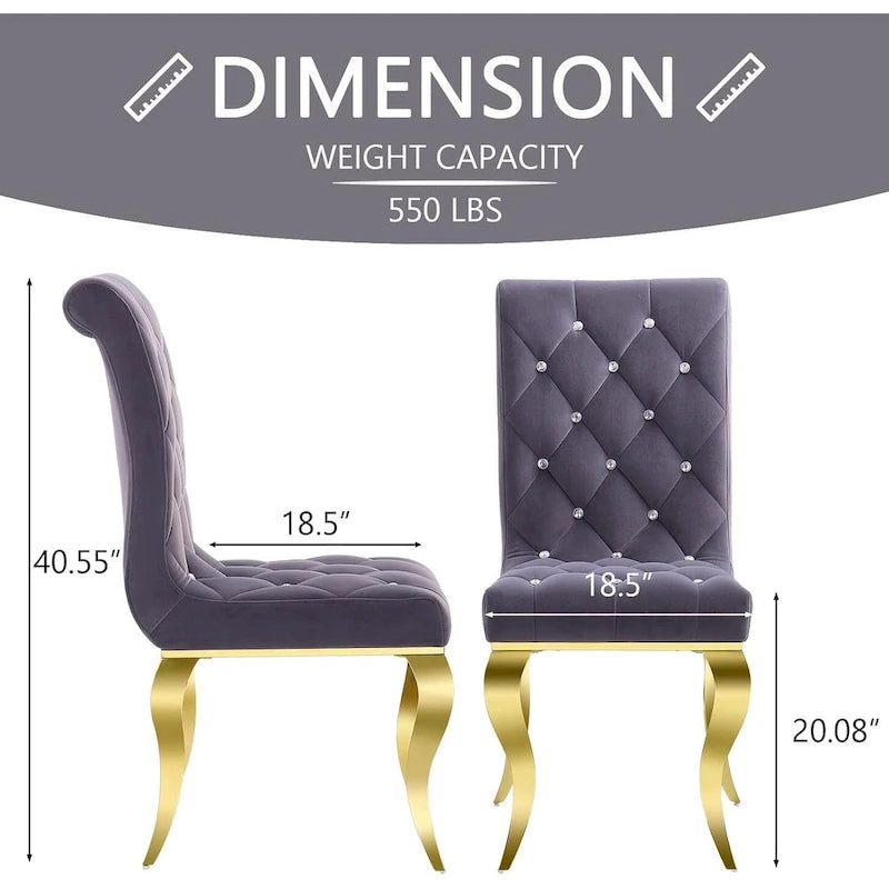 Chaises tapissées de velours avec dossier capitonné orné de cristaux et pieds cabriolets en métal miroir.