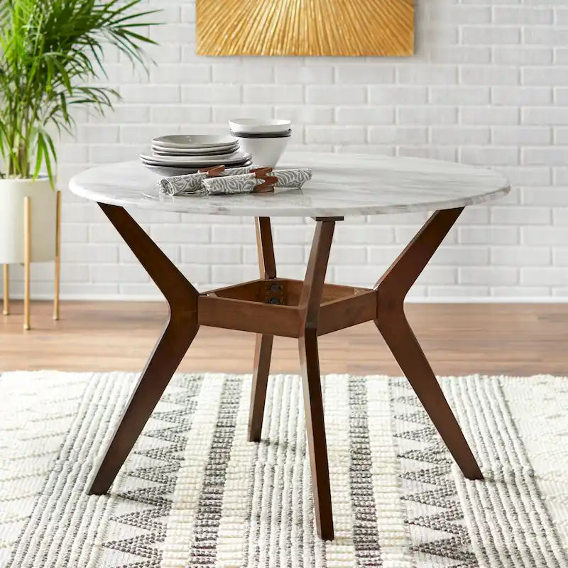 Table de salle à manger ronde de 42 po avec plateau en faux marbre et pieds en noyer