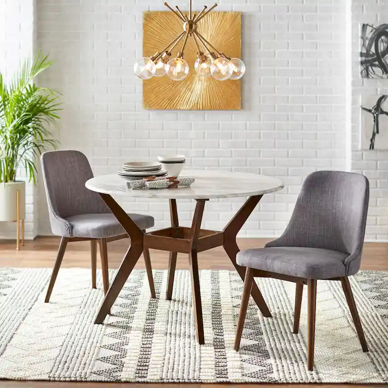 Table de salle à manger ronde de 42 po avec plateau en faux marbre et pieds en noyer