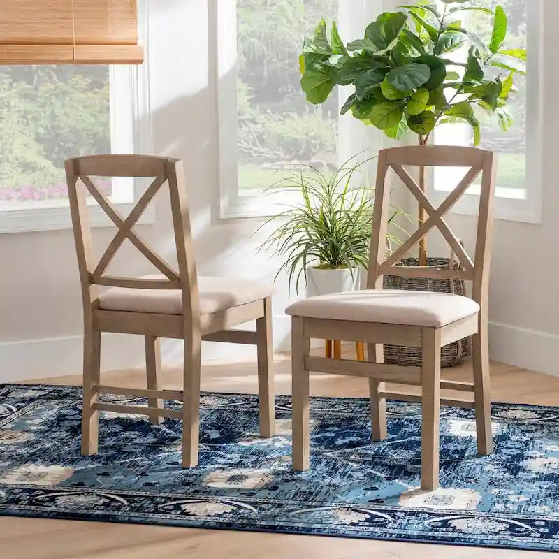 Chaise de salle à manger à dossier en X, lot de 2, bois dur tropical avec assise rembourrée