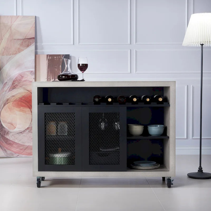 Buffet roulant contemporain à 4 étagères avec casier à vin et roulettes
