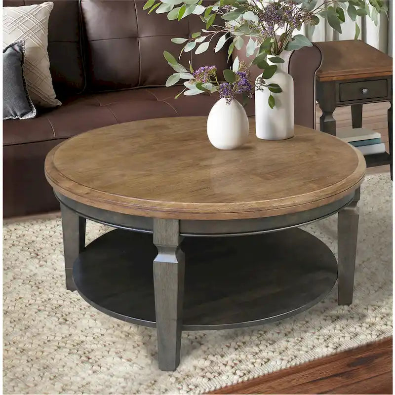 Table basse ronde en bois de Para avec étagère inférieure