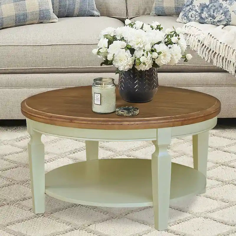 Table basse ronde en bois de Para avec étagère inférieure