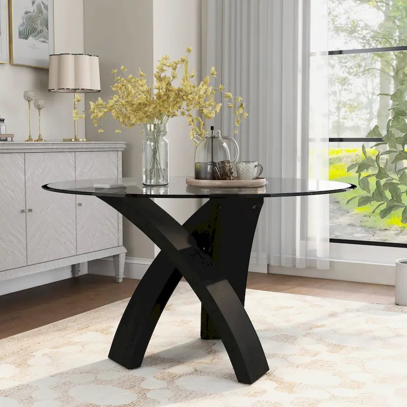 Table à manger ronde de 52 po avec plateau en verre et piètement entrecroisé