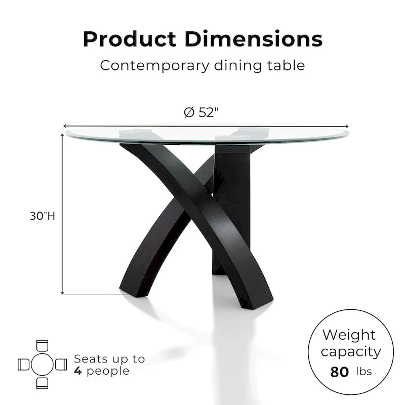 Table à manger ronde de 52 po avec plateau en verre et piètement entrecroisé