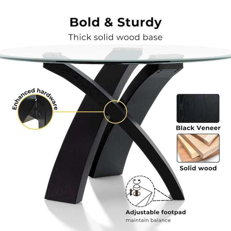 Table à manger ronde de 52 po avec plateau en verre et piètement entrecroisé