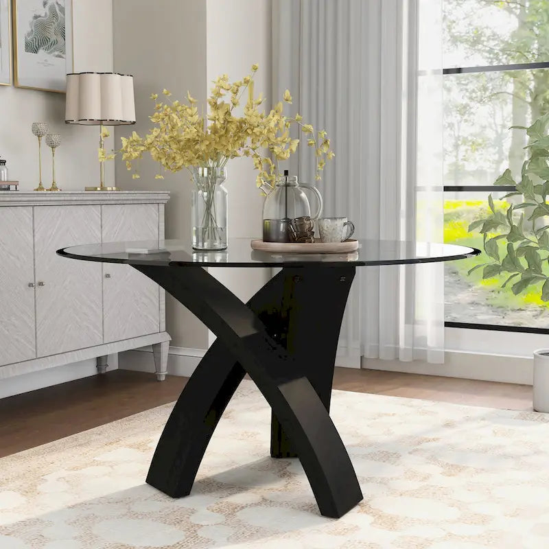 Table à manger ronde de 52 po avec plateau en verre et piètement entrecroisé