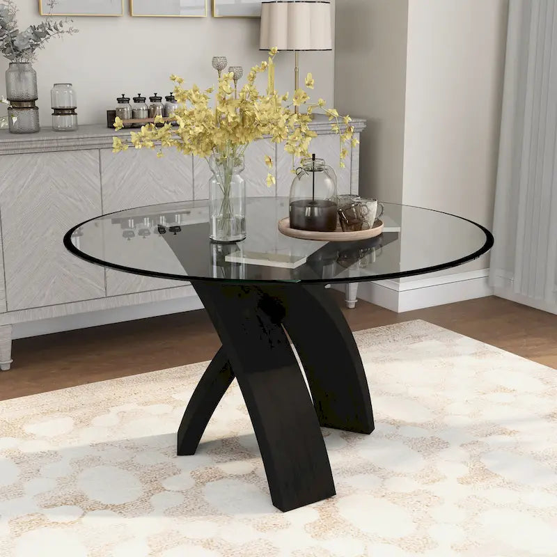 Table à manger ronde de 52 po avec plateau en verre et piètement entrecroisé