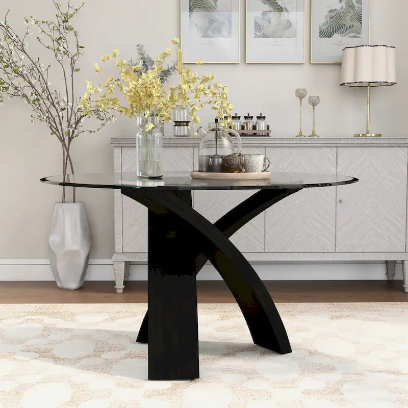 Table à manger ronde de 52 po avec plateau en verre et piètement entrecroisé
