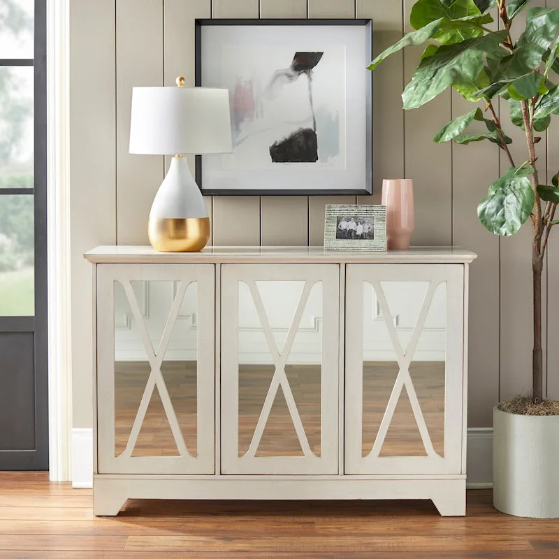 Console buffet avec façade miroir vieillie et étagères réglables