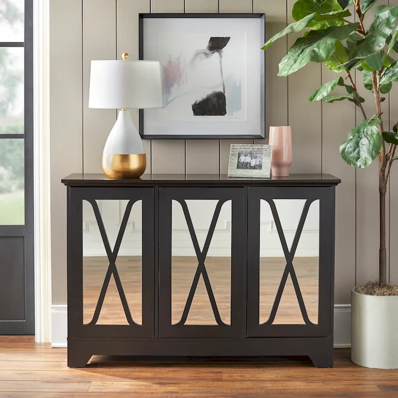 Console buffet avec façade miroir vieillie et étagères réglables