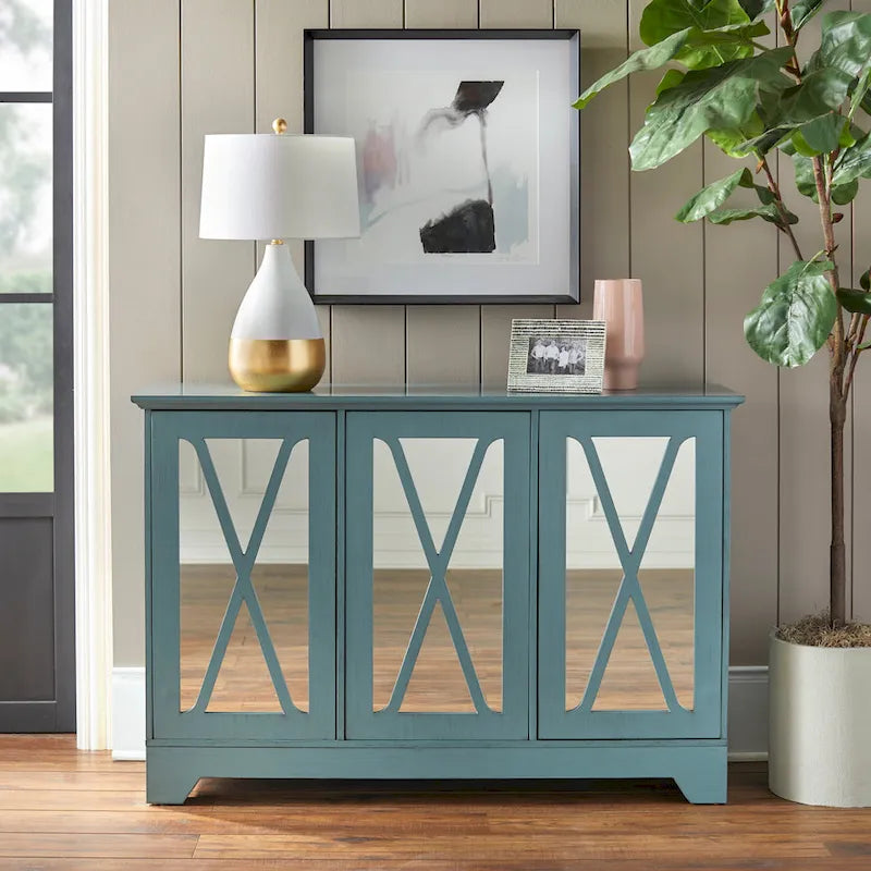 Console buffet avec façade miroir vieillie et étagères réglables