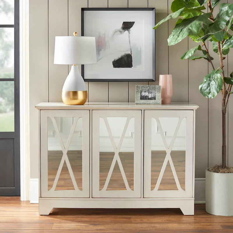 Console buffet avec façade miroir vieillie et étagères réglables