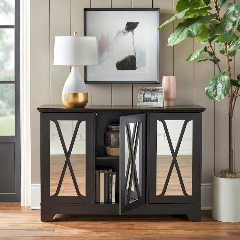 Console buffet avec façade miroir vieillie et étagères réglables
