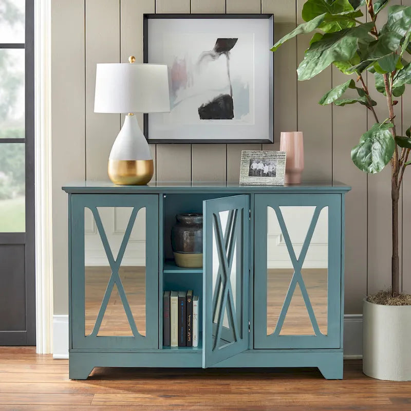 Console buffet avec façade miroir vieillie et étagères réglables