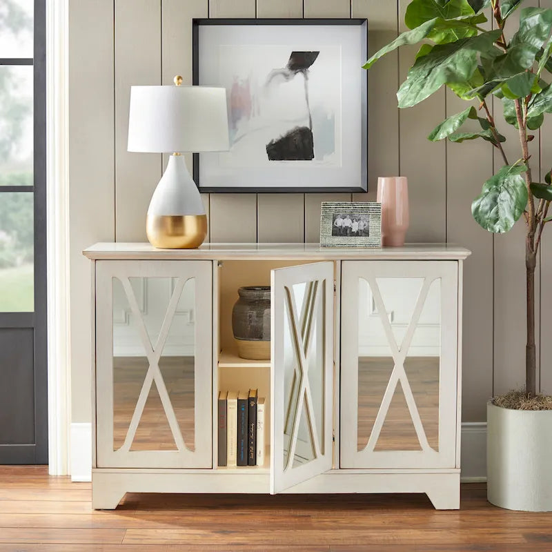 Console buffet avec façade miroir vieillie et étagères réglables