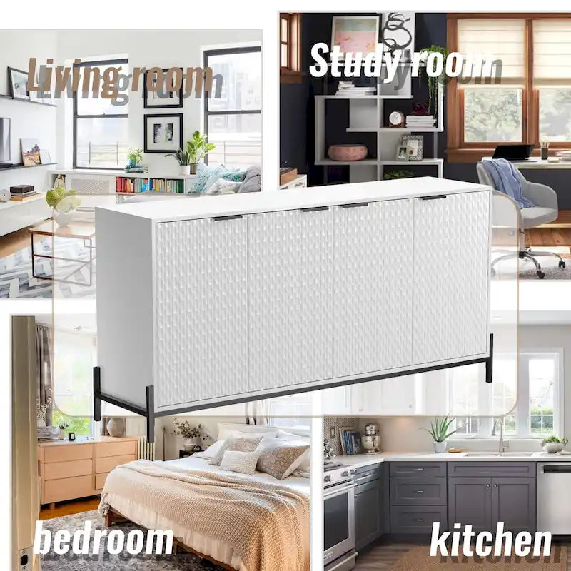 Bahut de rangement 4 portes brillant avec étagères réglables et pieds en métal