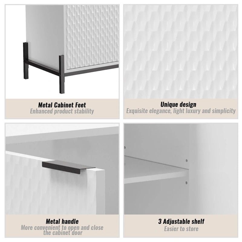 Bahut de rangement 4 portes brillant avec étagères réglables et pieds en métal