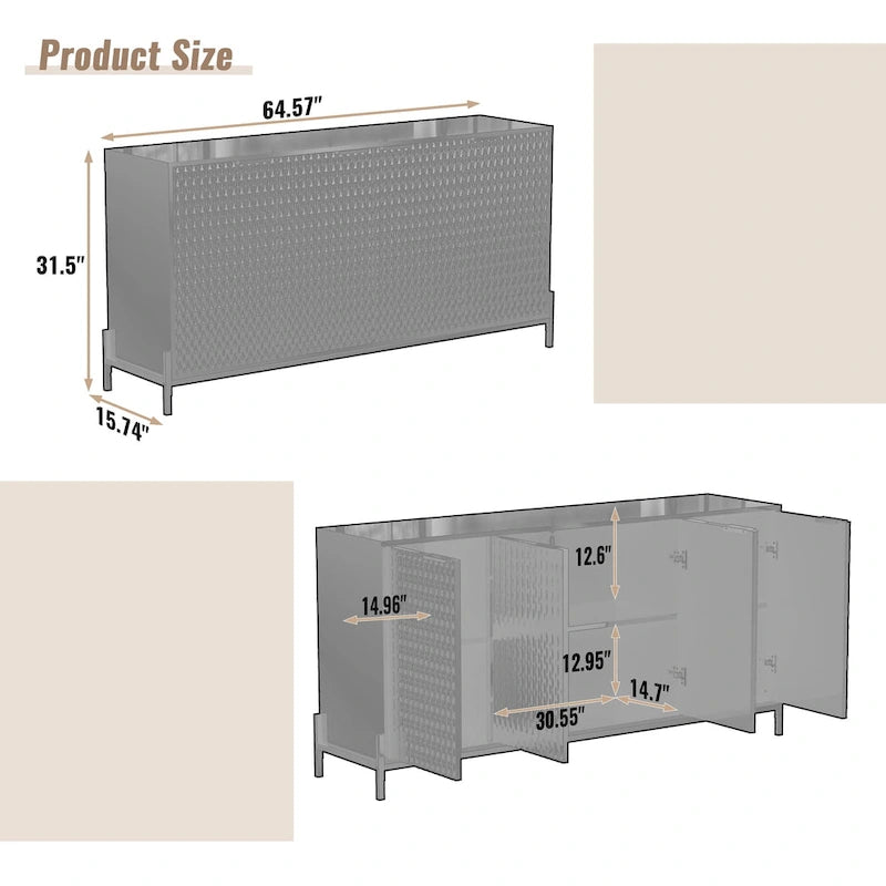 Bahut de rangement 4 portes brillant avec étagères réglables et pieds en métal