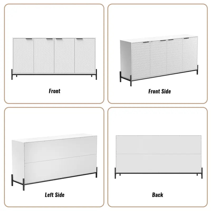 Bahut de rangement 4 portes brillant avec étagères réglables et pieds en métal
