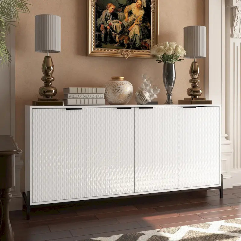 Bahut de rangement 4 portes brillant avec étagères réglables et pieds en métal