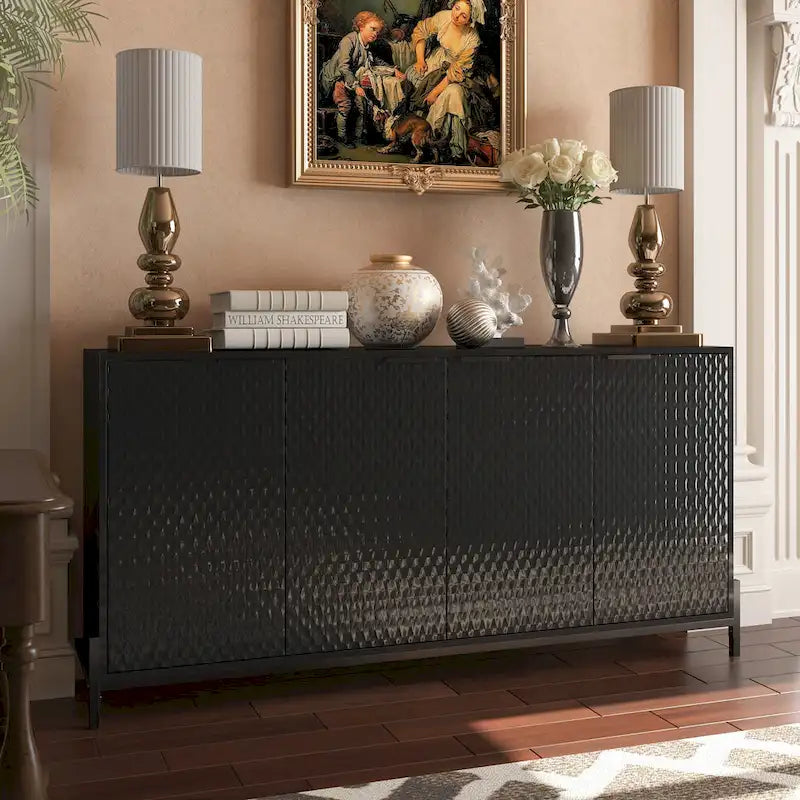 Bahut de rangement 4 portes brillant avec étagères réglables et pieds en métal