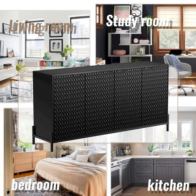 Bahut de rangement 4 portes brillant avec étagères réglables et pieds en métal