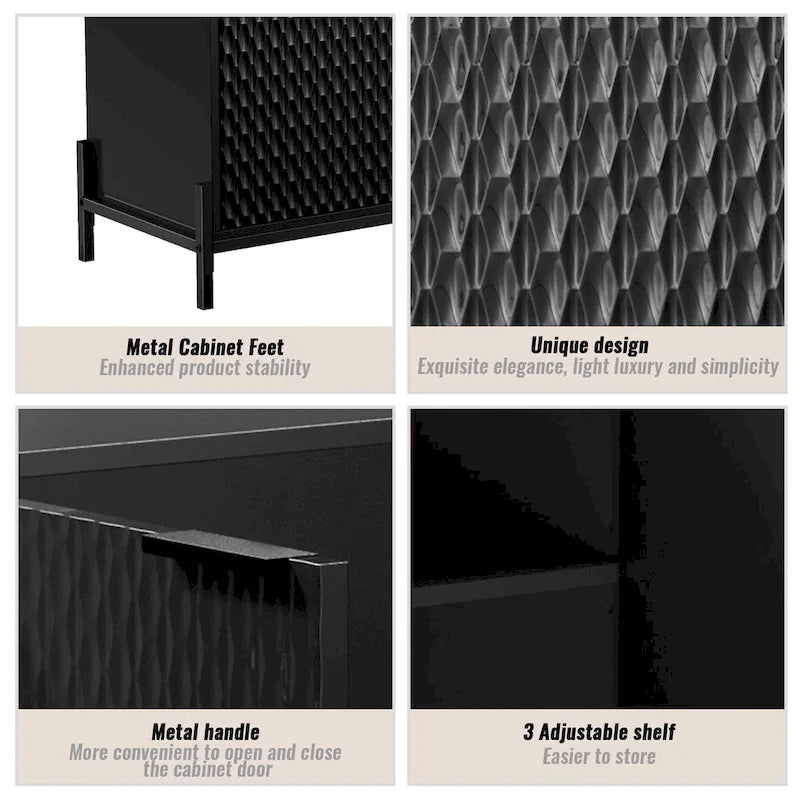 Bahut de rangement 4 portes brillant avec étagères réglables et pieds en métal