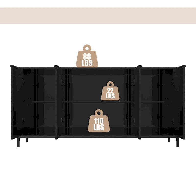 Bahut de rangement 4 portes brillant avec étagères réglables et pieds en métal