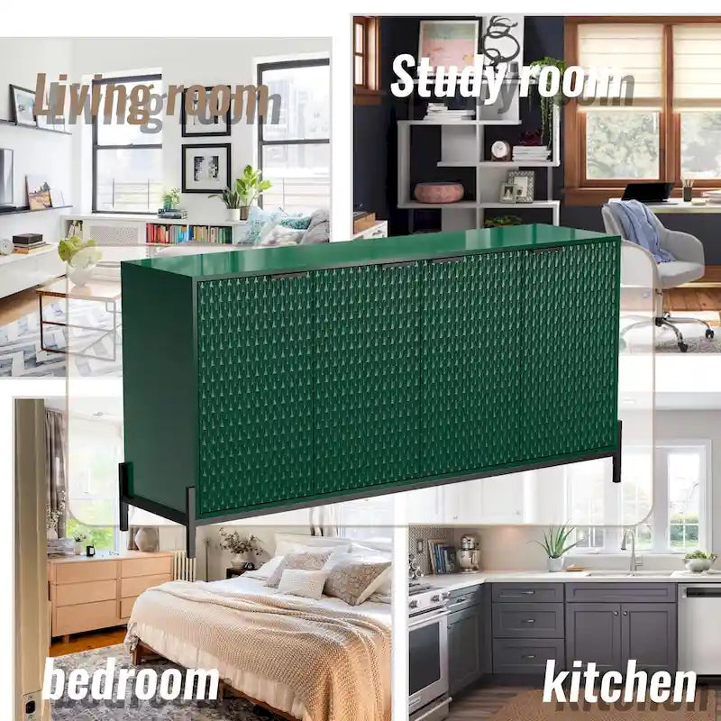 Bahut de rangement 4 portes brillant avec étagères réglables et pieds en métal