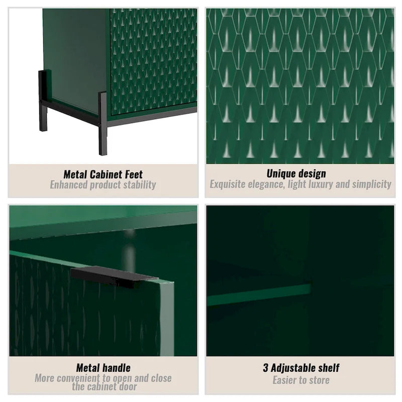 Bahut de rangement 4 portes brillant avec étagères réglables et pieds en métal