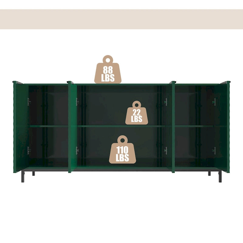 Bahut de rangement 4 portes brillant avec étagères réglables et pieds en métal