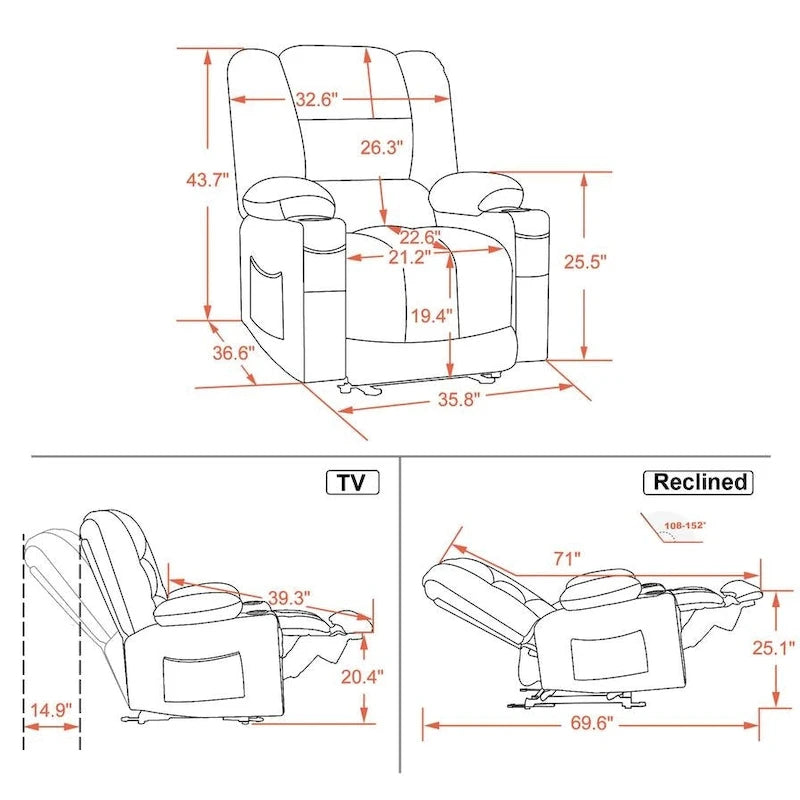Fauteuil inclinable électrique avec chauffage et massage