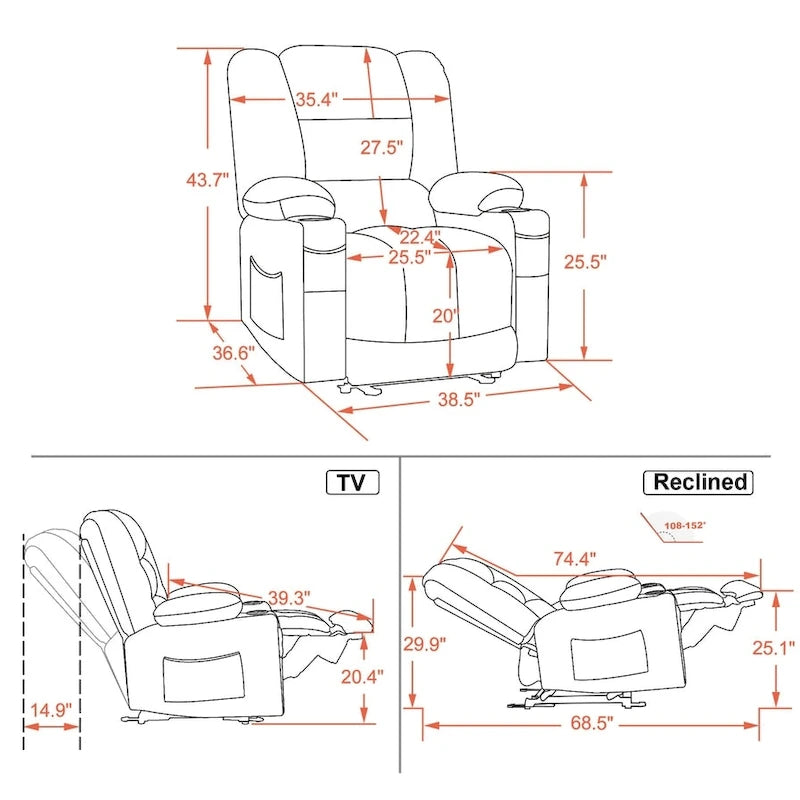 Fauteuil inclinable électrique avec chauffage et massage