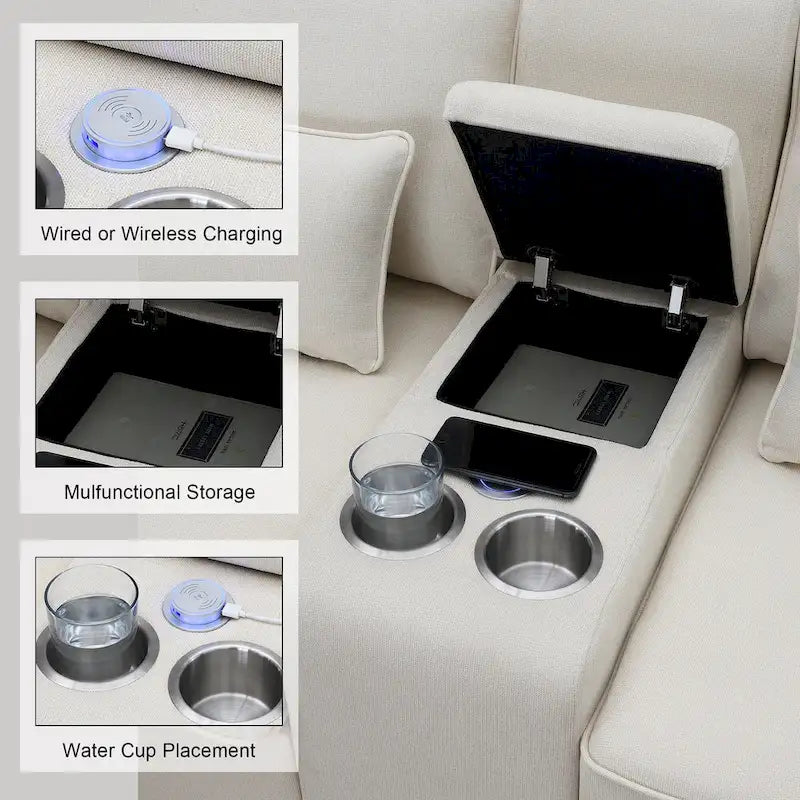 Canapé rembourré de 289,56 cm avec console, porte-gobelets et chargement USB