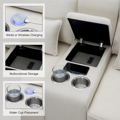Canapé rembourré de 289,56 cm avec console, porte-gobelets et chargement USB
