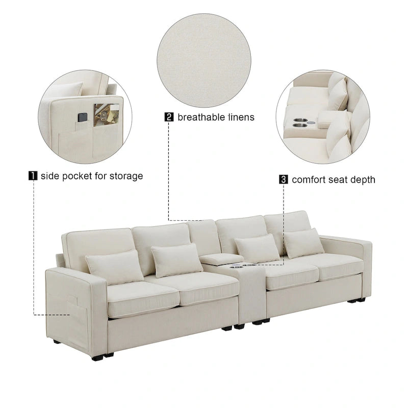 Canapé rembourré de 289,56 cm avec console, porte-gobelets et chargement USB