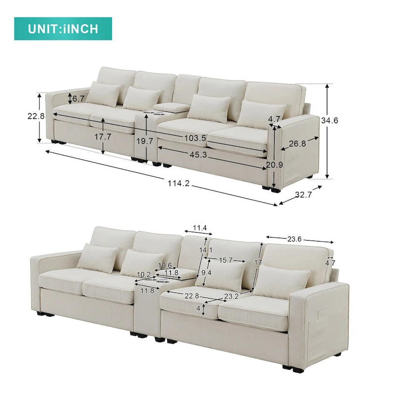 Canapé rembourré de 289,56 cm avec console, porte-gobelets et chargement USB
