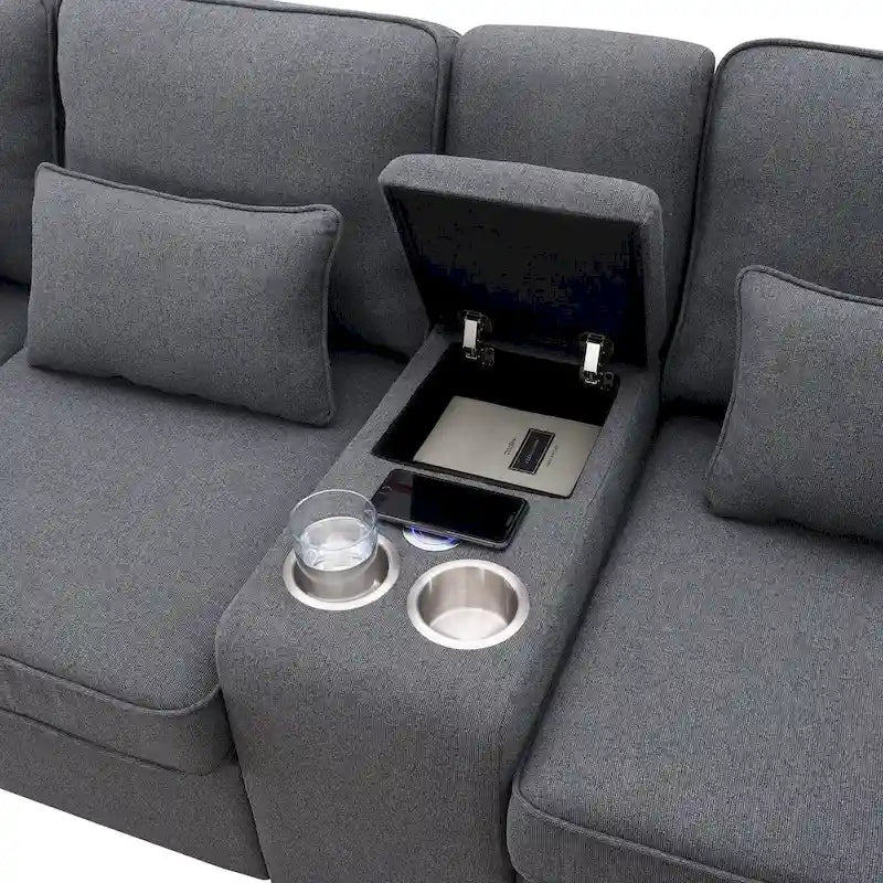 Canapé rembourré de 289,56 cm avec console, porte-gobelets et chargement USB