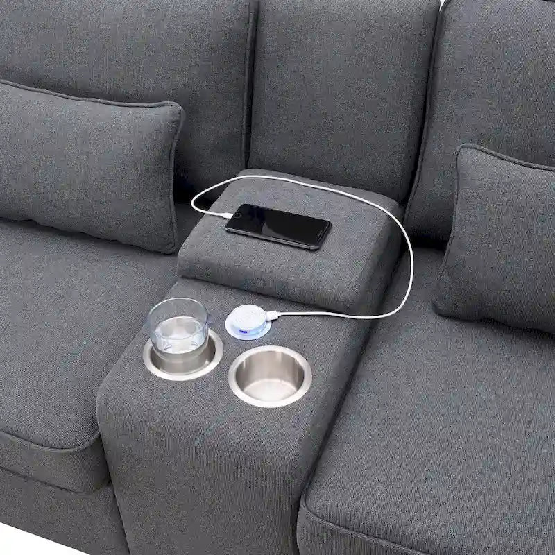 Canapé rembourré de 289,56 cm avec console, porte-gobelets et chargement USB