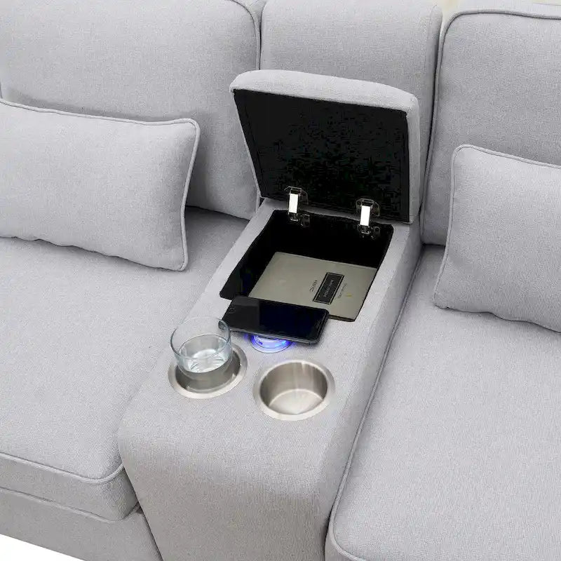 Canapé rembourré de 289,56 cm avec console, porte-gobelets et chargement USB