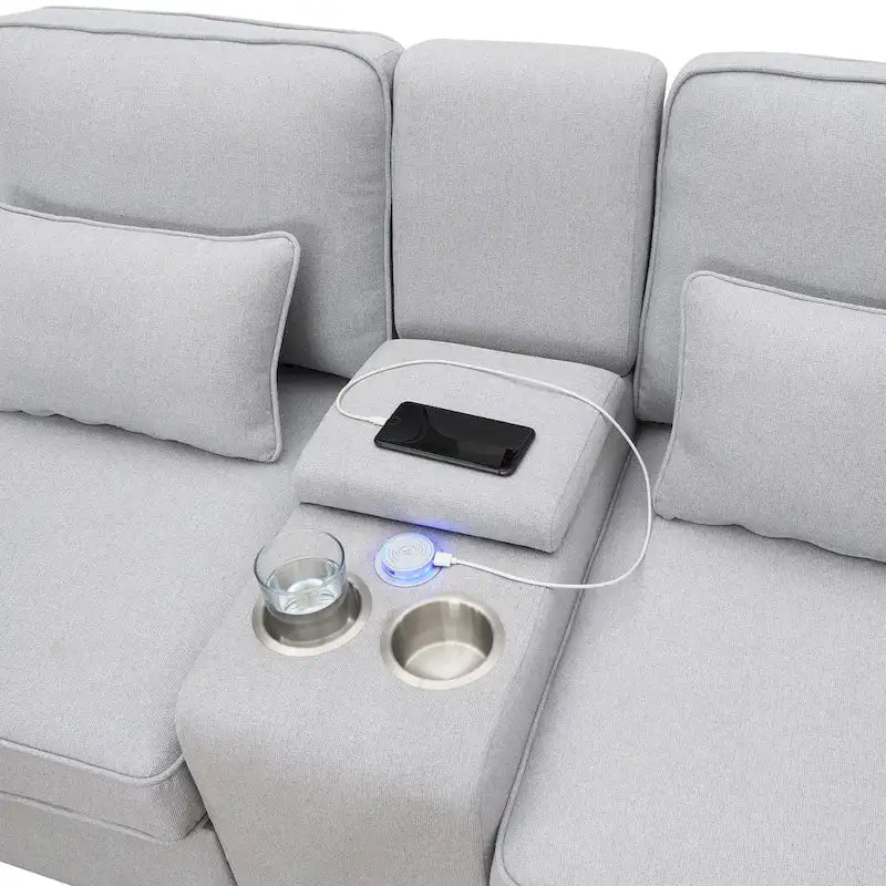 Canapé rembourré de 289,56 cm avec console, porte-gobelets et chargement USB