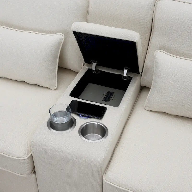 Canapé rembourré de 289,56 cm avec console, porte-gobelets et chargement USB