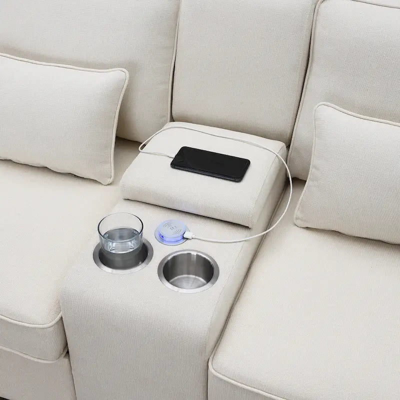 Canapé rembourré de 289,56 cm avec console, porte-gobelets et chargement USB