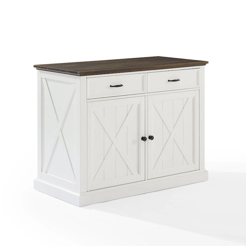 Îlot de cuisine de style campagnard avec armoires à motif en X et tiroirs à extension complète