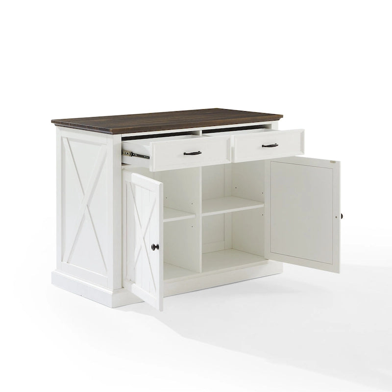 Îlot de cuisine de style campagnard avec armoires à motif en X et tiroirs à extension complète