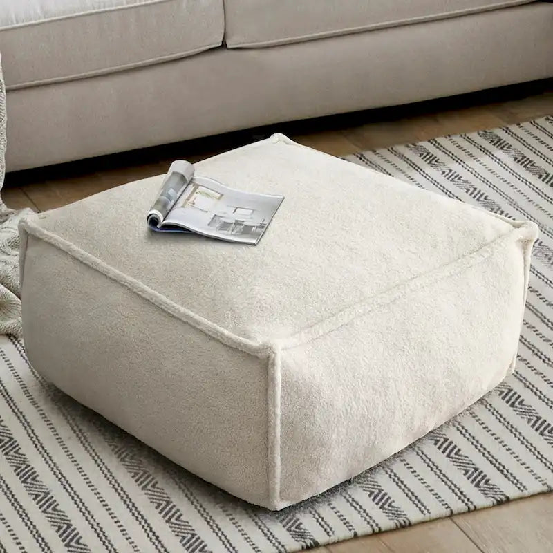 Pouf en tissu bouclette 71 x 71 cm avec rembourrage en mousse haute densité