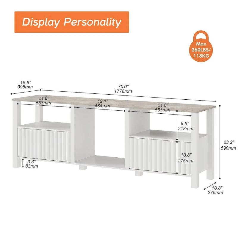 Meuble TV LED pour téléviseur de 75 pouces, meuble console TV moderne avec armoire