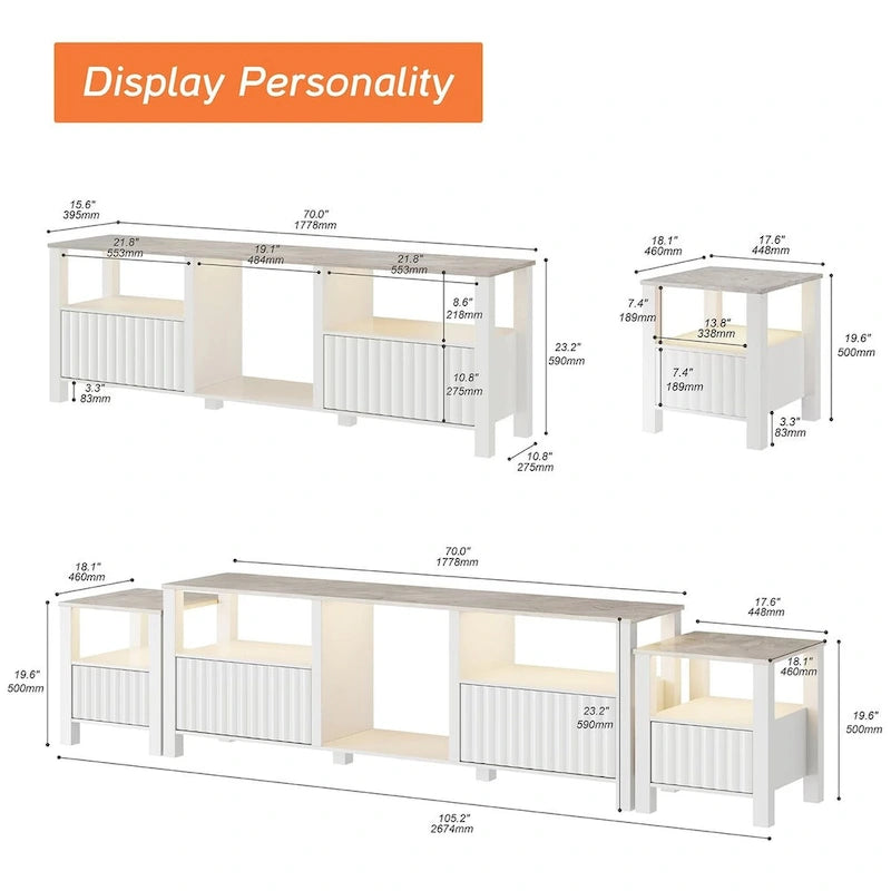 Meuble TV LED pour téléviseur de 75 pouces, meuble console TV moderne avec armoire